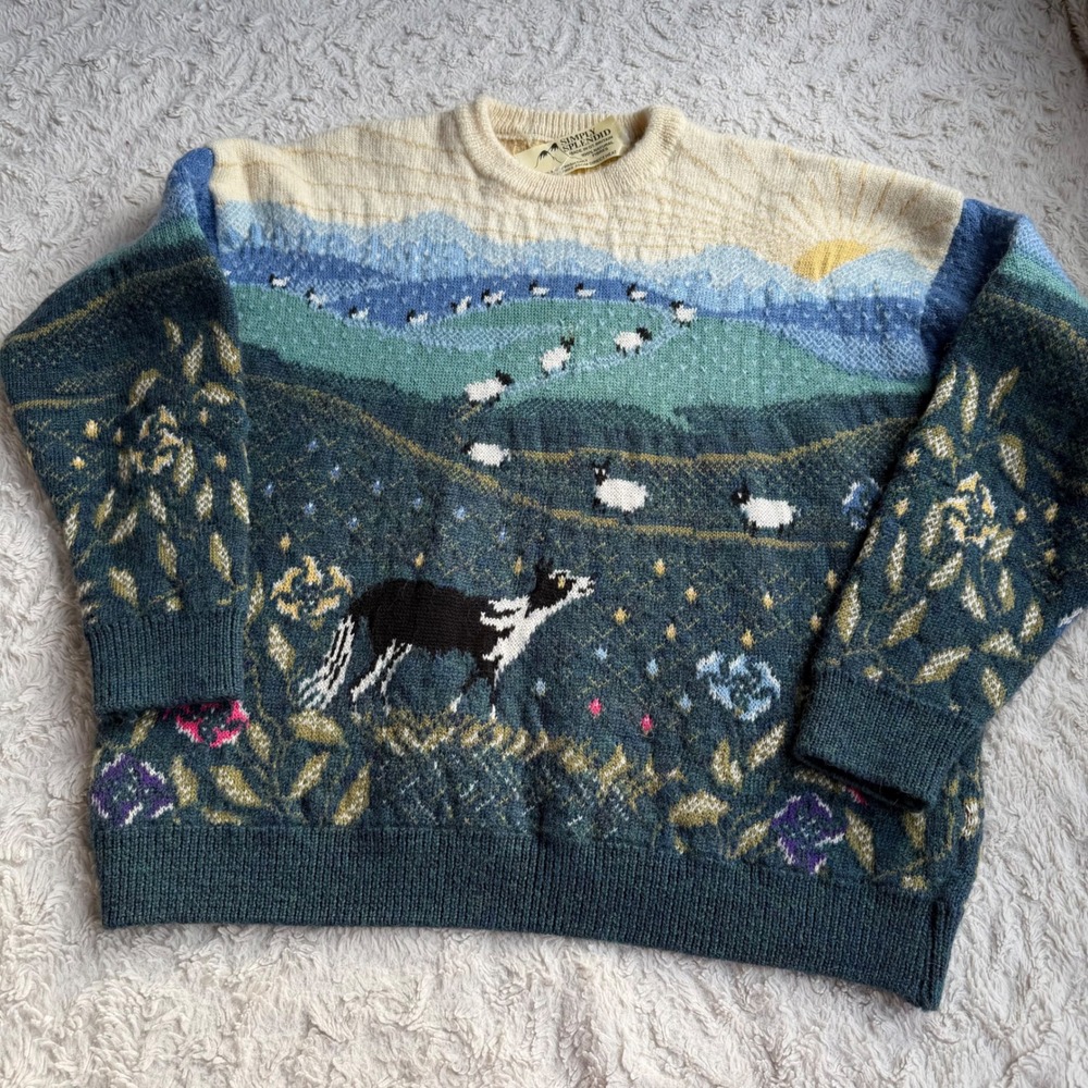 Vintage Wool Sheep Sweater Simply Splendid Pastoral Landscape Dog Scenic Scene M - Picture 9 of 12